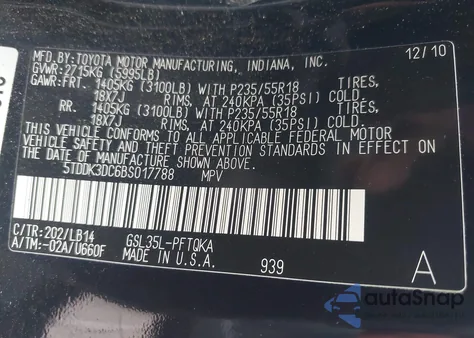 2011 Toyota Sienna Xle из США, поврежденный, VIN 5TDDK3DC6BS017788